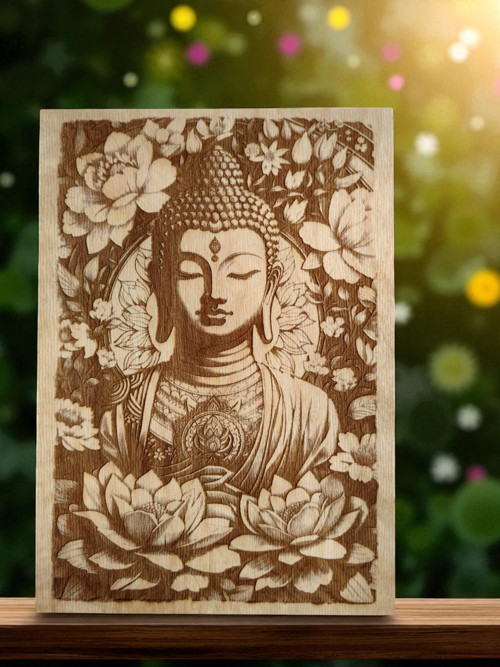 Budha Meditační dřevěný vypalovaný obraz + stojan
