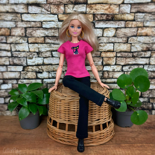 Barbie - tričko růžové s černou kočičkou