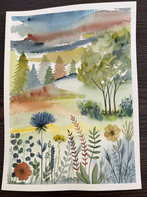 Originál akvarel - Krajina plná barev - 23x31 cm