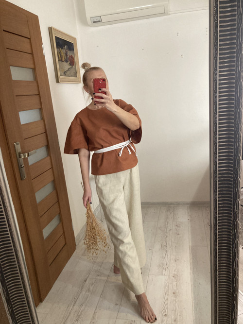 ĽAN-ový TOP/Blúza s krátkym rukávom / COGNAC/
