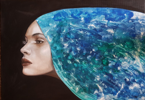 Žena - VODA Olej na plátně + pouring 50x70cm