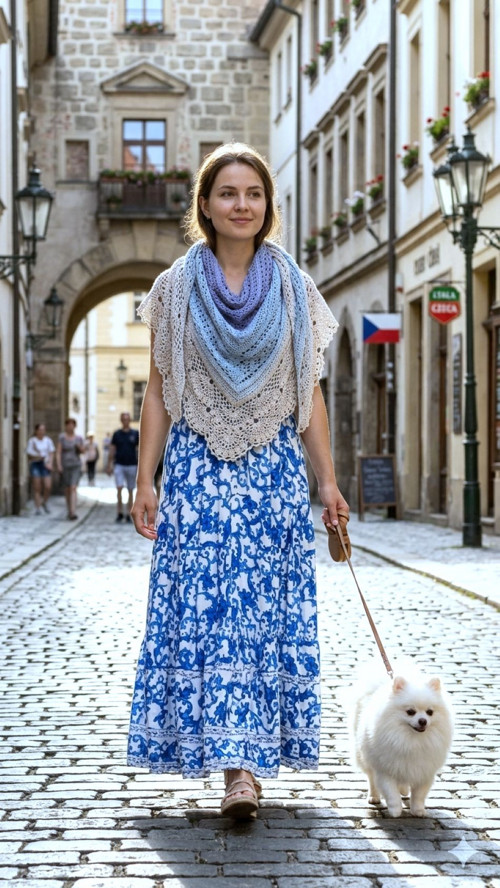 Háčkovaný šátek s krajkovou bordurou. — foto 1