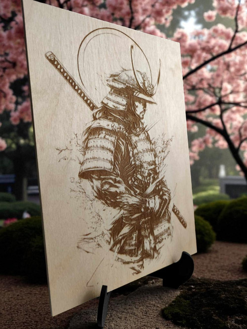 Samuraj Japonsko, Dřevěný vypalovaný obraz+ stojan