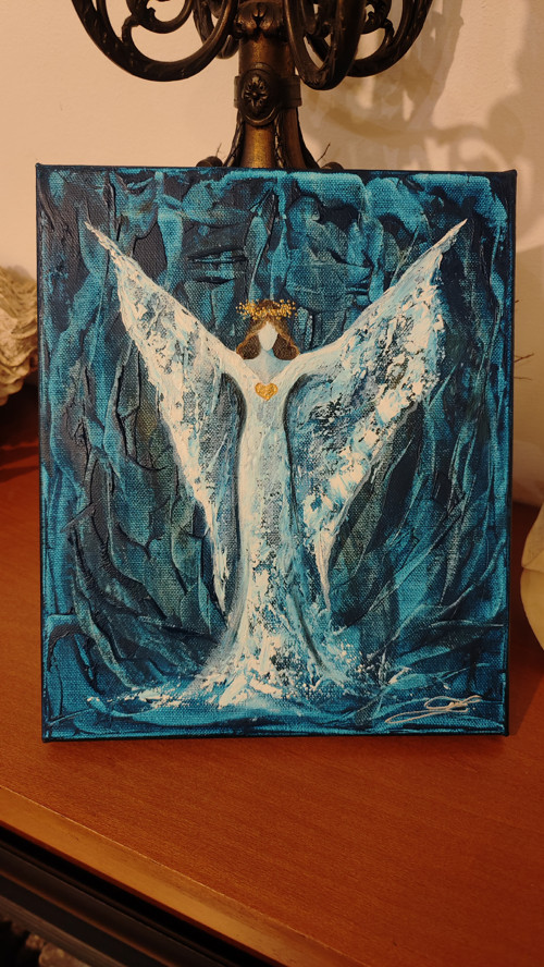 Anděl Olej na plátně + zlatá barva 30x25cm