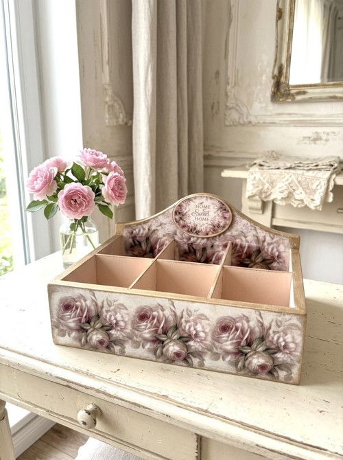 Dřevěný stolní organizér Home Sweet Home s růžemi