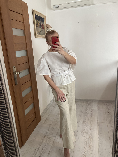 ĽAN-ový TOP/Blúza s krátkym rukávom / CREAM/