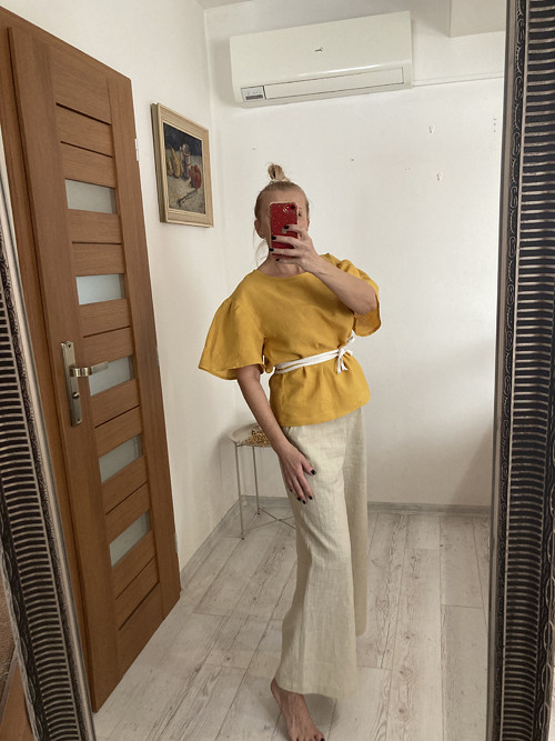 ĽAN-ový TOP/Blúza s krátkym rukávom / OCHRE/