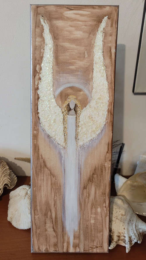 Anděl - Olej na plátně -60x20cm + perleťové vločky