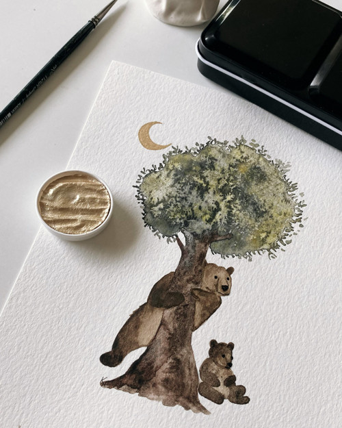 Medvedi - akvarel, originál, A5