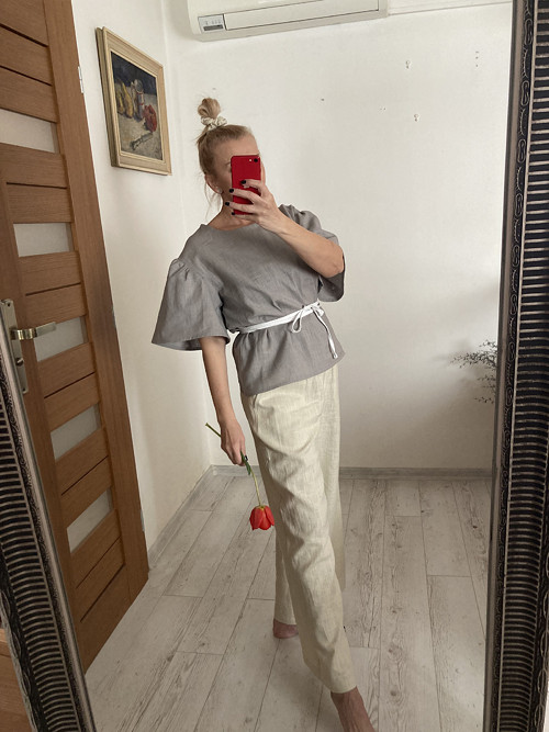 ĽAN-ový TOP/Blúza s krátkym rukávom / TAUPE/