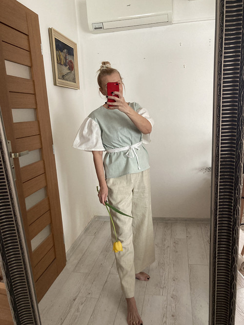 ĽAN-ový TOP/Blúza s krátkym rukávom /MINT & WHITE/