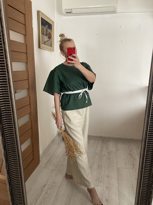 ĽAN-ový TOP/Blúza s krátkym rukávom / DARK GREEN/