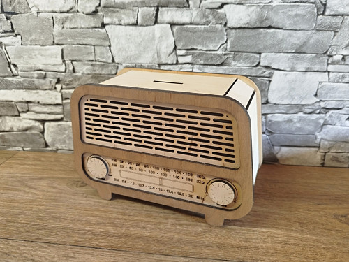 Dřevěná kasička retro rádio - hnědé