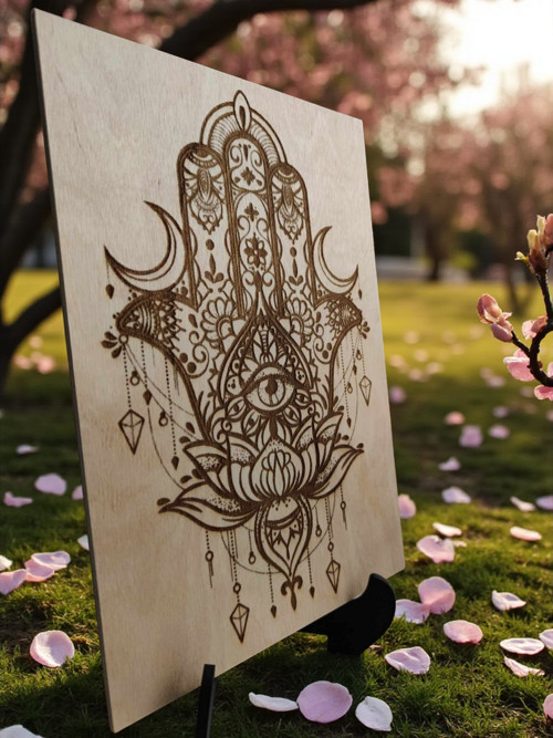 Hamsa s lotosovým květem, Dřevěný obraz + stojan