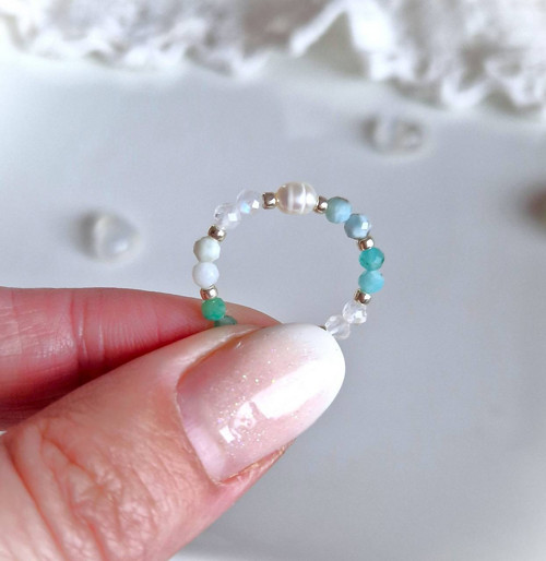 Perla*měsíční kámen*larimar*amazonit*prsten