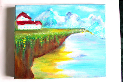 Moře a dům na útesu - olej na plátně 25x30cm