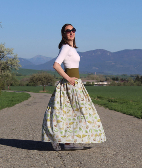 Dlhá skladaná sukňa hnedo-zelené paprade