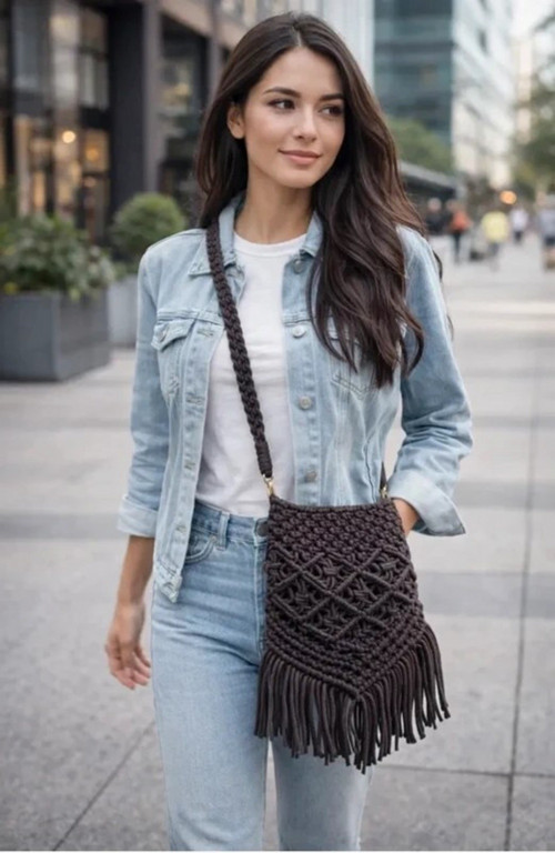 Macramé boho crossbody kabelka/taška čokoládová