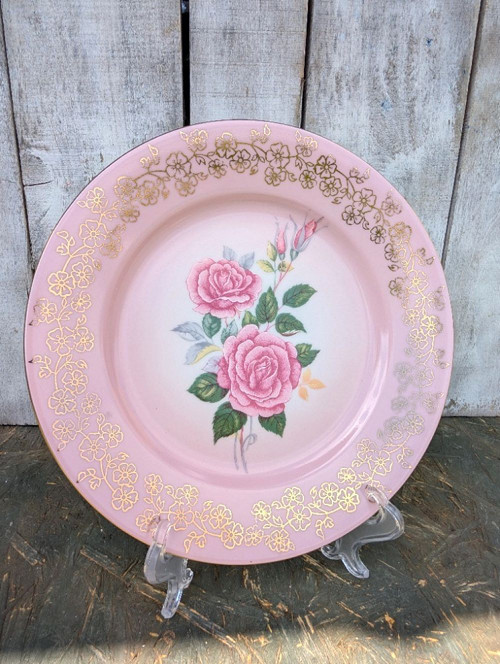 Retro talíř, růžový porcelán, růže, zn. MZ.