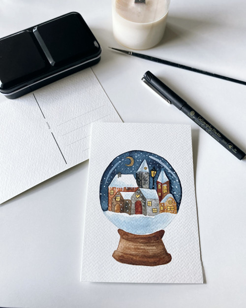 Pohlednice Sněhová koule - originál akvarel A6