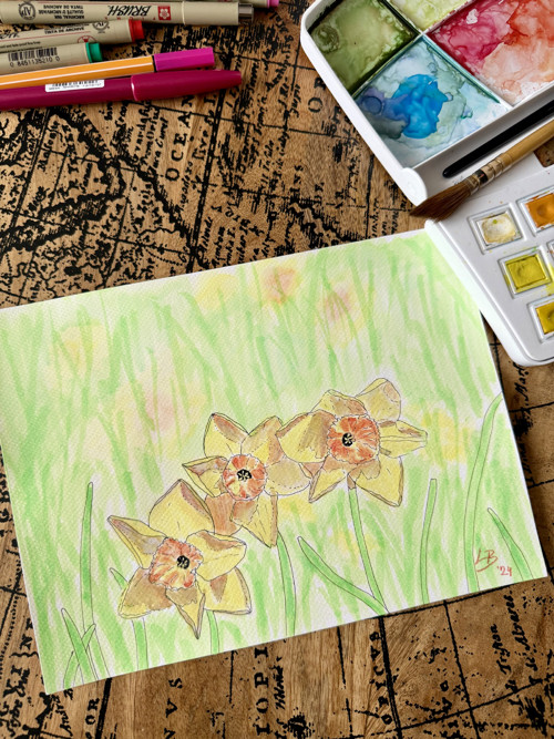 “Daffodils” akvarelová malba narcisků