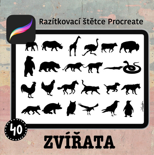 Zvířata - Procreate razítkovací štětce 40 ks