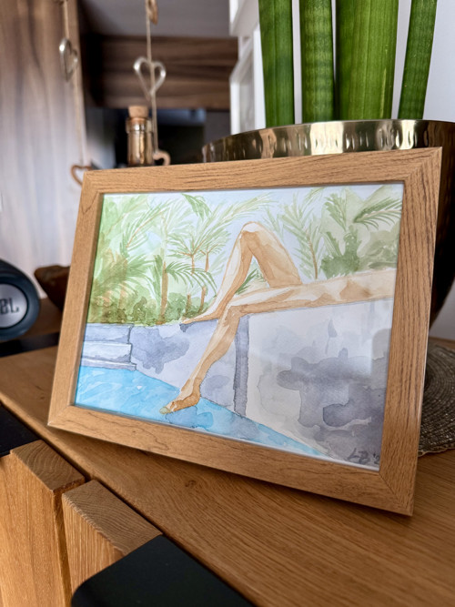 “By the pool” - akvarelový obrázek v rámečku