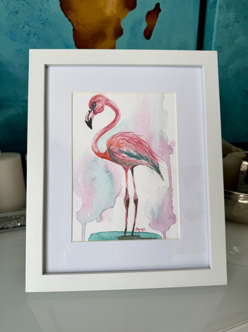 “Flamingo” plameňák - akvarelový obrázek v rámečku