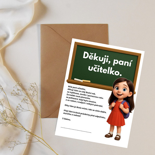 Poděkování paní učitelce - brunetka (PDF k tisku)