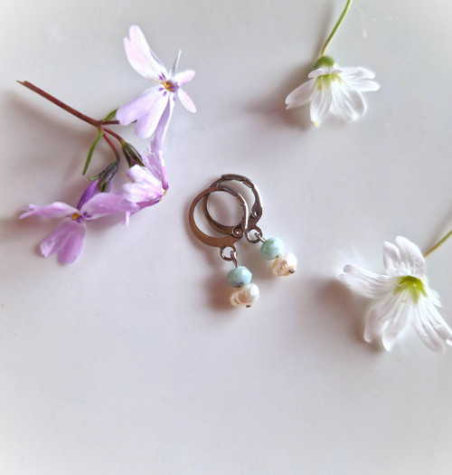 Ocelové náušnice*larimar*říční perla*jemné