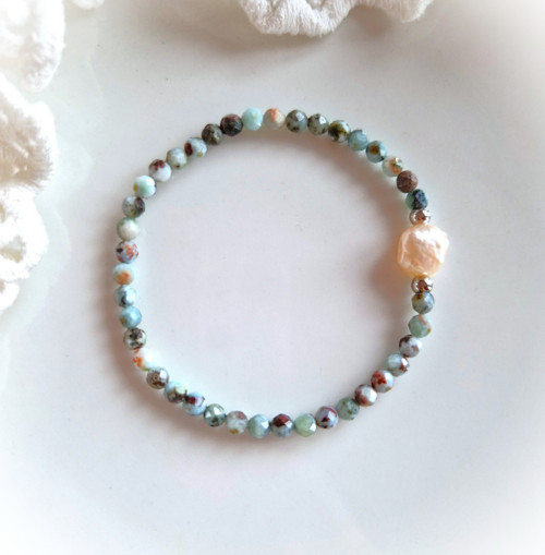 Larimar*broušený*keshi perla*náramek