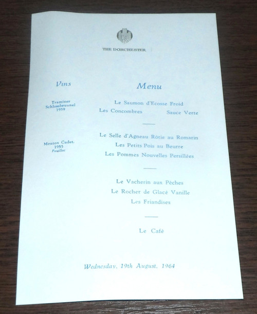 Jídelní lístek, MENU pozvánka • Dorchester, 1964