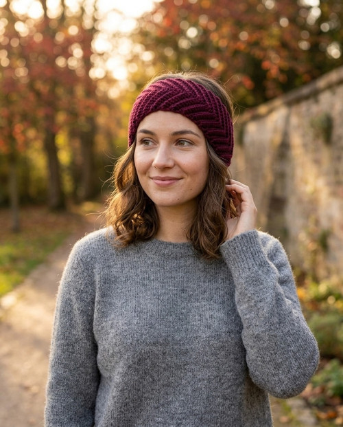 Háčkovaná čelenka z merino vlny vínová