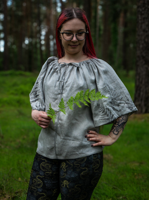 Lněná halenka s kapradinovým potiskem - XL