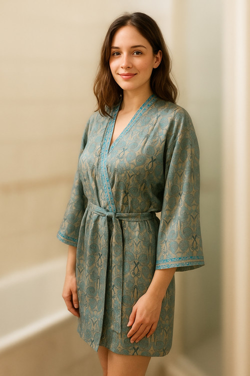 Modro-šedé hedvábné kimono, pravé hedvábí