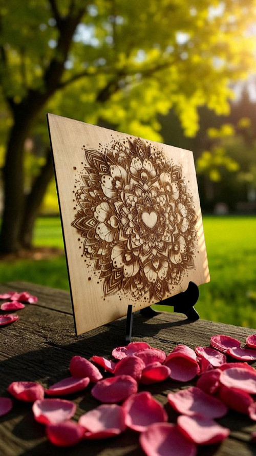 Mandala lásky ,Dřevěný vypalovaný obraz + stojan