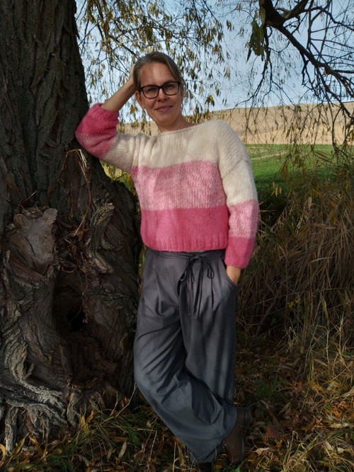 Smetanový+růžový, pruhovaný svetr alpaka/hedvábí