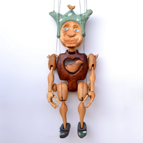 Kašpar s ptáčkem - ručně vyřezaná loutka - 52cm