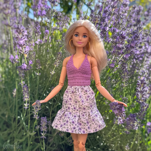 Suknička pro Barbie - fialové kytičky, volánek
