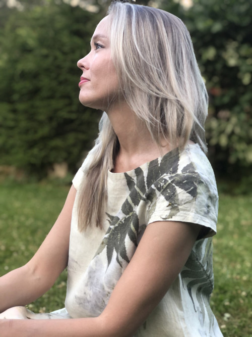 Dlouhé lněné šaty s autorským ecoprintem vel.M