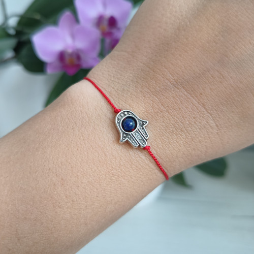 "Hamsa s lapisem" červený hedvábný náramek