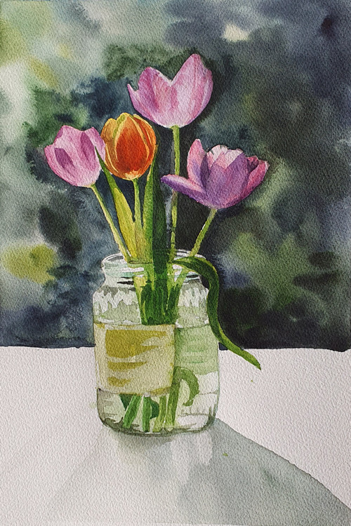 Obraz originální akvarel - "Tulipány ve sklenici"