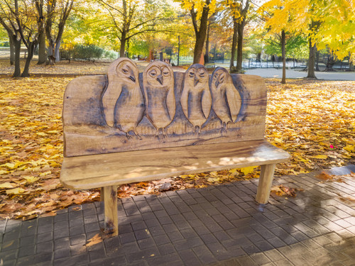 Vyřezávaná lavice s lesním motivem čtyř sov