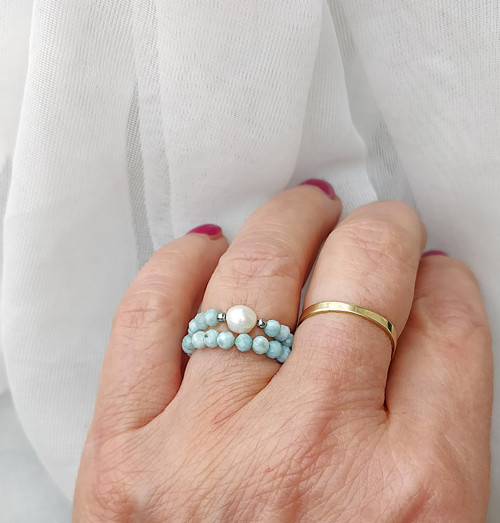 Prstýnky z minerálů / broušený larimar + perla /