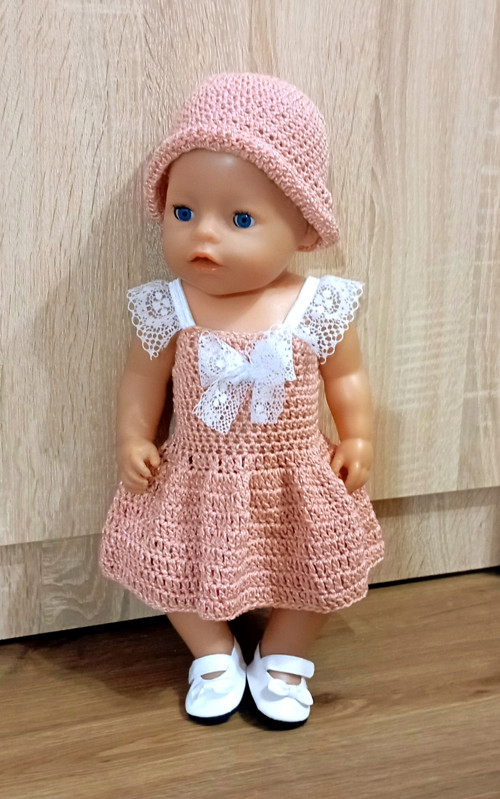 Háčkované šaty, klobouček , boty pro baby born