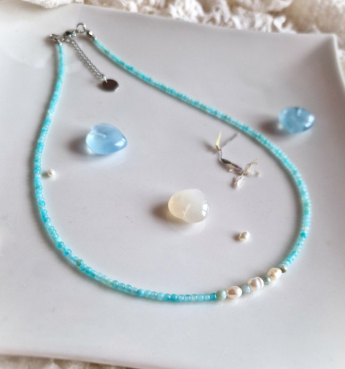 Larimar*perly*amazonit*minialist náhrdelník*ocel