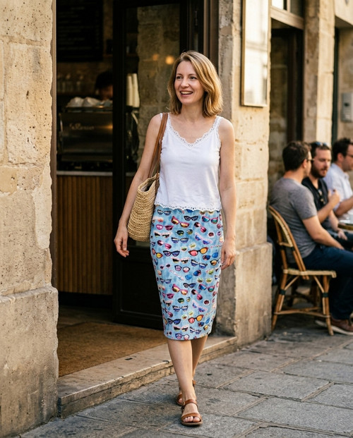 Pouzdrová midi sukně s potiskem brýlí