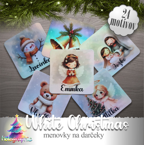 Holografické vianočné menovky "WHITE"