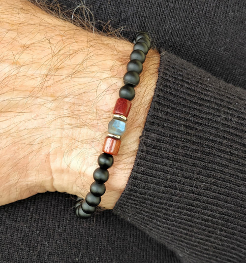 Pánský náramek z minerálů/onyx,dřevo,labrador /0,6