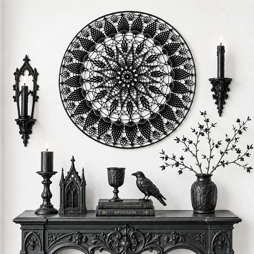 Černá háčkovaná mandala v kovovém kruhu 50 cm